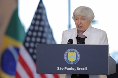 U.S. Treasury Secretary Janet Yellen speaks during a press conference at the G20 Finance Ministers and Central Bank Governors meetings, in Sao Paulo, Brazil, February 27, 2024.