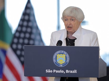 La secretaria general del Tesoro de EE UU, Janet Yellen, en una conferencia en Sao Paulo este martes.