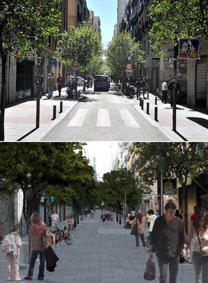 Arriba, aspecto actual de Fuencarral. Abajo, recreación virtual de la calle tras las obras.