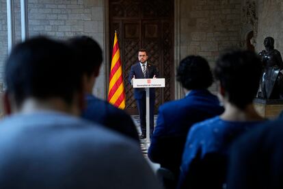 El presidente de la Generalitat, Pere Aragonès, durante una comparecencia en el Palau de la Generalitat.