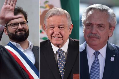 Los presidentes de Chile, México y Argentina: Gabriel Boric, Andrés Manuel López Obrador y Alberto Fernández.