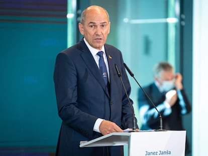 El primer ministro Janez Jansa, durante una rueda de prensa en Eslovenia este jueves.