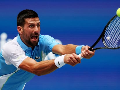 Serbia's Novak Djokovic in action during his quarter-final match against Taylor Fritz of the U.S. on Sept. 5, 2023.