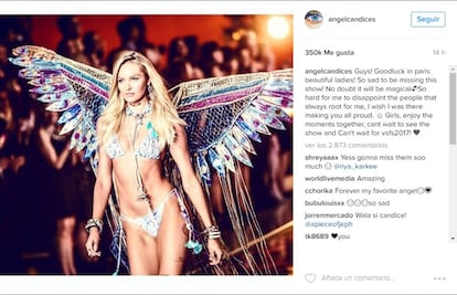 Candice Swanepoel, que se convirtió en madre a comienzos de octubre de este año, no estará presente en el desfile del miércoles. Aún así, ha querido dar ánimos a sus compañeras: "Chicas, disfrutad juntas de los momentos, no puedo esperar para ver el desfile", escribió en Instagram.