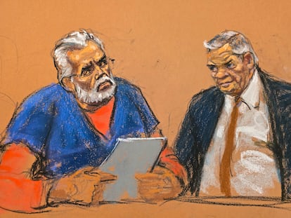 Ilustración de El Mayo Zambada y su abogado, Frank Pérez, el 25 de agosto en el tribunal de Brooklyn.