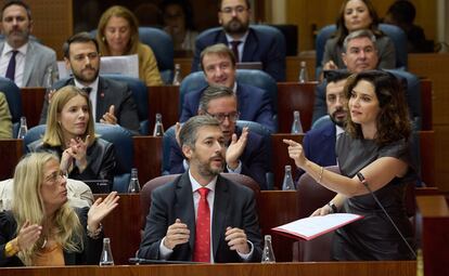 La consejera de Economía de Madrid, Rocío Albert López-Ibor, el diputado del PP Miguel Ángel García Martín y la presidenta de Madrid, Isabel Díaz-Ayuso, durante el pleno de este jueves.