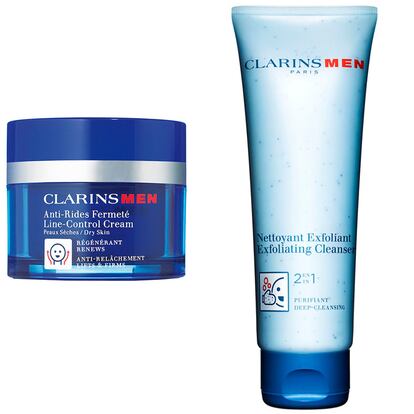 Crema hidratante y exfoliante facial de la línea masculina de Clarins. (54 euros y 22 euros aprox.).