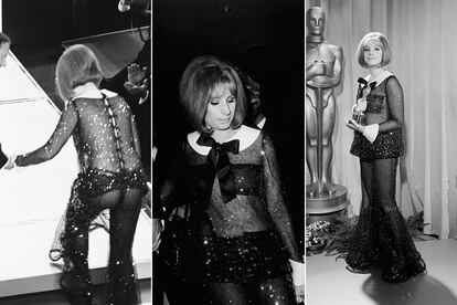 No fue a propósito, pero Barbra Streisand se conviritió en la primera actriz en lucir transparencias en la ceremonia. Fue precoz y en el año 69 nadie lo entendió: “Streisand desnuda”, rezaban los titulares al día siguiente.
“Tenía dos opciones”, recordaba la actriz en W Magazine, “una era adorable pero muy conservadora y la otra era el traje pantalón con lentejuelas”. Una elección atrevida que su peluquero le recomendó desechar hasta el último momento. No pensó en el poder de los focos y los flashes: “¡No tenía ni idea de que cuando las luces me apuntaran se volvería completamente transparente! Yo quería llevar el cuello blanco y puños y el pelo hasta la altura del mentón. Pensé para mí que, como iba a ganar dos Oscar, ya sería más conservadora a la próxima”.
