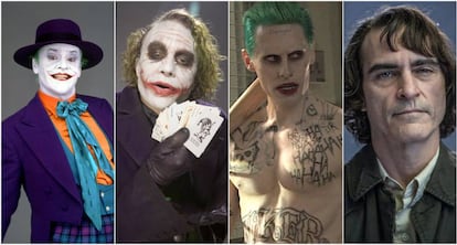 Da esquerda para a direita: Jack Nicholson, Heath Ledger, Jared Leto e Joaquin Phoenix no papel do Coringa.