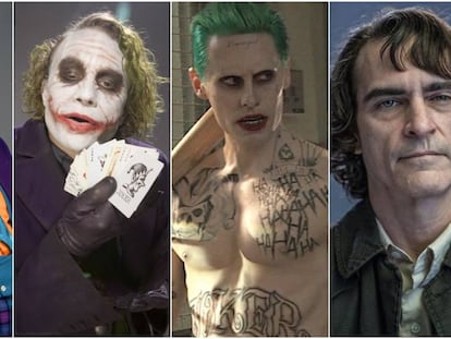 De izquierda a derecha: Jack Nicholson, Heath Ledger, Jared Leto y Joaquin Phoenix en el papel del Joker.