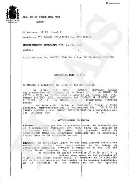 Sentencia de 2004 que condena por apropiación indebida a Fernando Blanco.