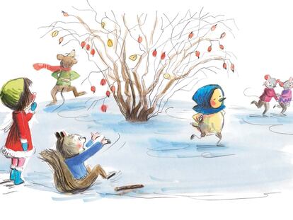 Una página del libro 'Minusculita en invierno', de Kimiko, con ilustraciones de Christine Davenier. Editorial Duomo.