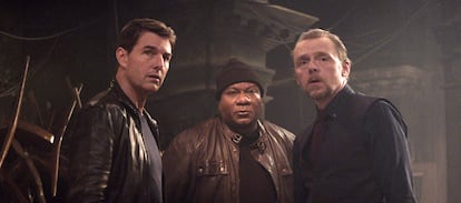 This image released by Paramount Pictures shows Tom Cruise, from left, Ving Rhames and Simon Pegg in a scene from "Mission: Impossible - Dead Reckoning, Part One."