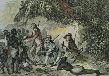 James Cook en Tahit&iacute;, en un grabado del siglo XVIII. 