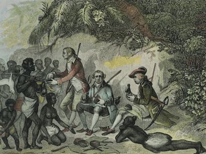James Cook en Tahití, en un grabado del siglo XVIII.