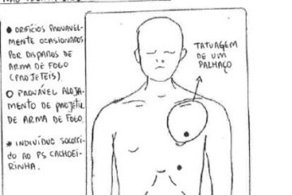 O exame necroscópico de Edson: tiro na cabeça da tatuagem.