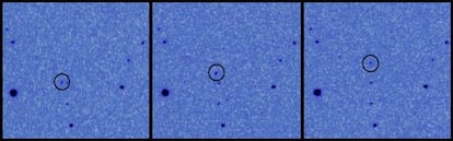 Tres imágenes consecutivas del asteroide 2012 DA14, marcado con un círculo, a una distancia de 4.300.000 kilómetros de la Tierra.