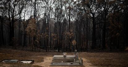 Tumbas cercanas a un bosque quemado en la ciudad de Mogo, Australia. 