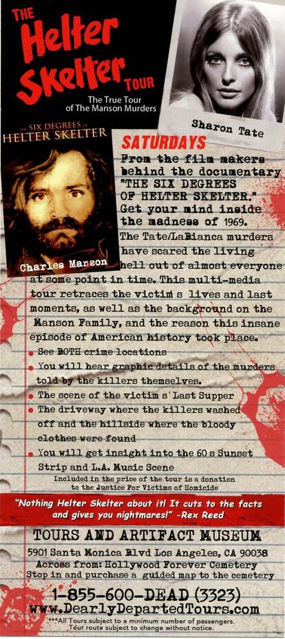 Panfleto informativo sobre el tour que recrea los crímenes ordenados por Charles Manson.