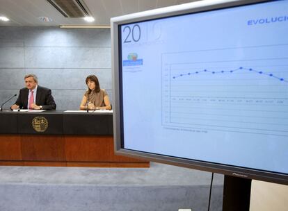 El consejero de Economía y Hacienda, Carlos Aguirre, e Idoia Mendia, explican los detalles de los Presupuestos.