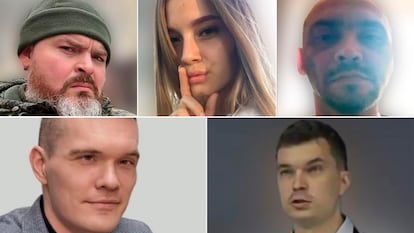 Desde la izquierda superior, Andrey Muravyov, Olga Evstratova, Andrej Stanislavovich Avrosimow, Maxim Lupin y Mihail Evgeyevich Burlakov, cinco de los presuntos cabecillas del grupo NoName057 que permanecen huídos.