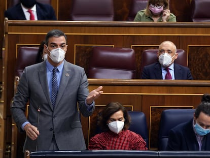 El presidente del Gobierno, Pedro Sánchez, durante la sesión de control al Ejecutivo este miércoles en el Congreso de los Diputados.