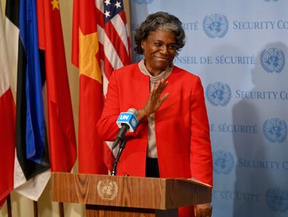 Linda Thomas-Greenfield, tras presentar sus credenciales como embajadora ante la ONU, el 25 de febrero de 2021 en Nueva York.