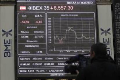 Panel informativo en la bolsa de Madrid que muestra las variaciones del principal indicador de la bolsa española, el IBEX 35.