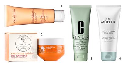 1. Doux Nettoyant Gommant Express, de Clarins. 2. Nourishing Spirits Shea Butter Scrub, de Treets Traditions. 3. 7 Day Scrub Cream. 4. Gel Exfoliant Corporel, de Anne Möller.