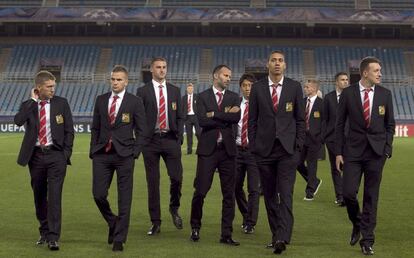 Los jugadores del Manchester United durante la visita al estadio de Anoeta.