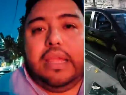 El periodista Andrés Salas y el vehículo en el que viajaba al momento del ataque, en imágenes compartidas en redes sociales.