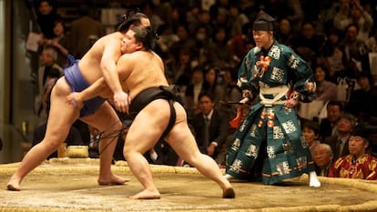 Dos luchadores de sumo en el estadio Ryogoku Kokugikan de Tokio.
