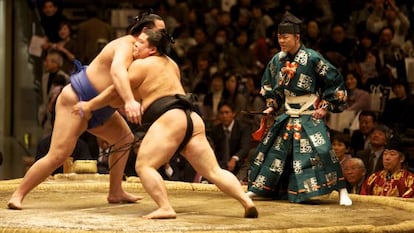 Dos luchadores de sumo en el estadio Ryogoku Kokugikan de Tokio. 