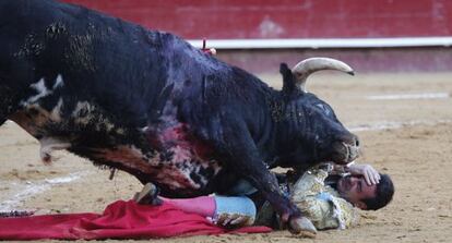 El torero Enrique Ponce se protege la cara al caer al suelo cogido por su primer toro en la corrida de este martes en Valencia.  