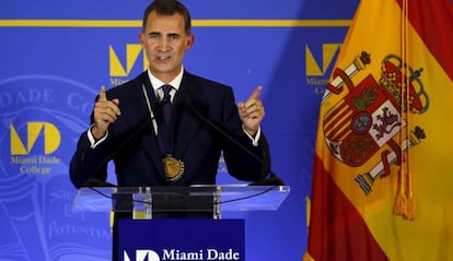 King Felipe VI during his speech in Miami.