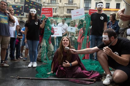 Protesta de profesores en defensa del latín y el griego frente al ministerio de Eduación, este sábado.