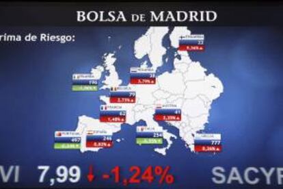 Panel informativo de la bolsa de Madrid que muestra los valores de la prima de riesgo en los países de la zona euro. EFE/Archivo