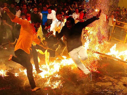Varios hombres saltan sobre una hoguera tirando de una vaca como parte de las celebraciones del festival Makara Sankranthi, en Bangalore (India).