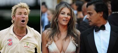 El jugador de criquet Shane Warne, supuesta nueva pareja de la actriz, y Liz Hurley y su ya ex marido, Arun Nayar