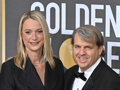 Katie Boehly, US businessman Todd Boehly, Helen Hoehne, and guest arrive for the 80th annual Golden Globe Awards