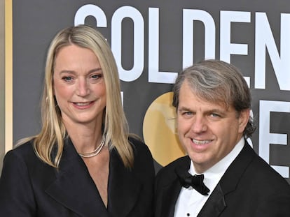 Katie Boehly, US businessman Todd Boehly, Helen Hoehne, and guest arrive for the 80th annual Golden Globe Awards