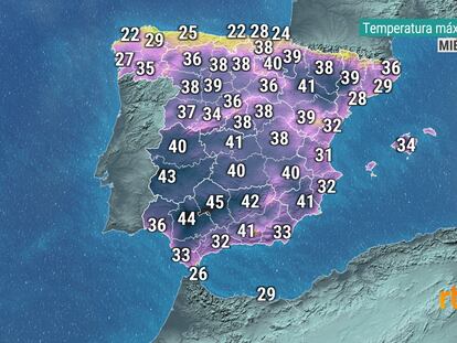 "Si tanto molesta el rojo, ¡podemos cambiar los colores! Cojamos el color que cojamos, la previsión no cambia", tuiteó el meteorólogo Andrés Gómez con este mapa en el que el calor, en lugar de rojo, es violeta.