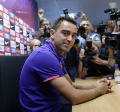 Xavi Hernández, en la rueda de prensa para despedirse del Barcelona.