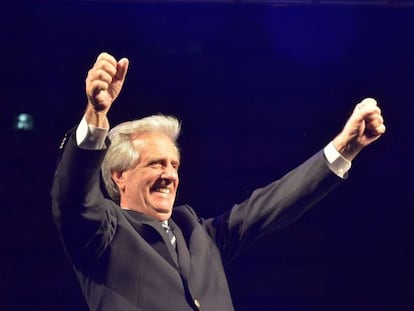 The winner of Uruguay's presidential elections, Tabaré Vázquez, celebrates on Sunday.