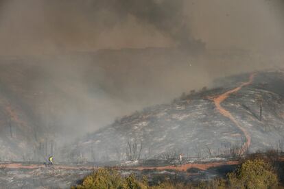 Un bombero (izquierda) y un residente en un área que fue quemada después de un incendio forestal.