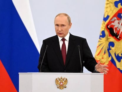 El presidente de Rusia, Vladímir Putin, este viernes, en la ceremonia de anexión de los territorios ucranianos.