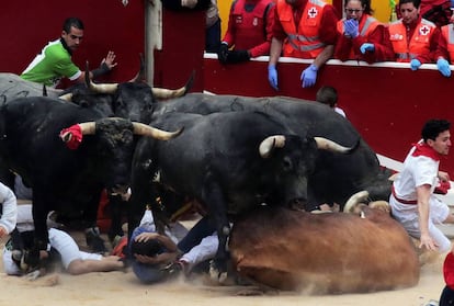 Los toros de la ganadería de Miura han protagonizado el último encierro de los Sanfermines 2016.