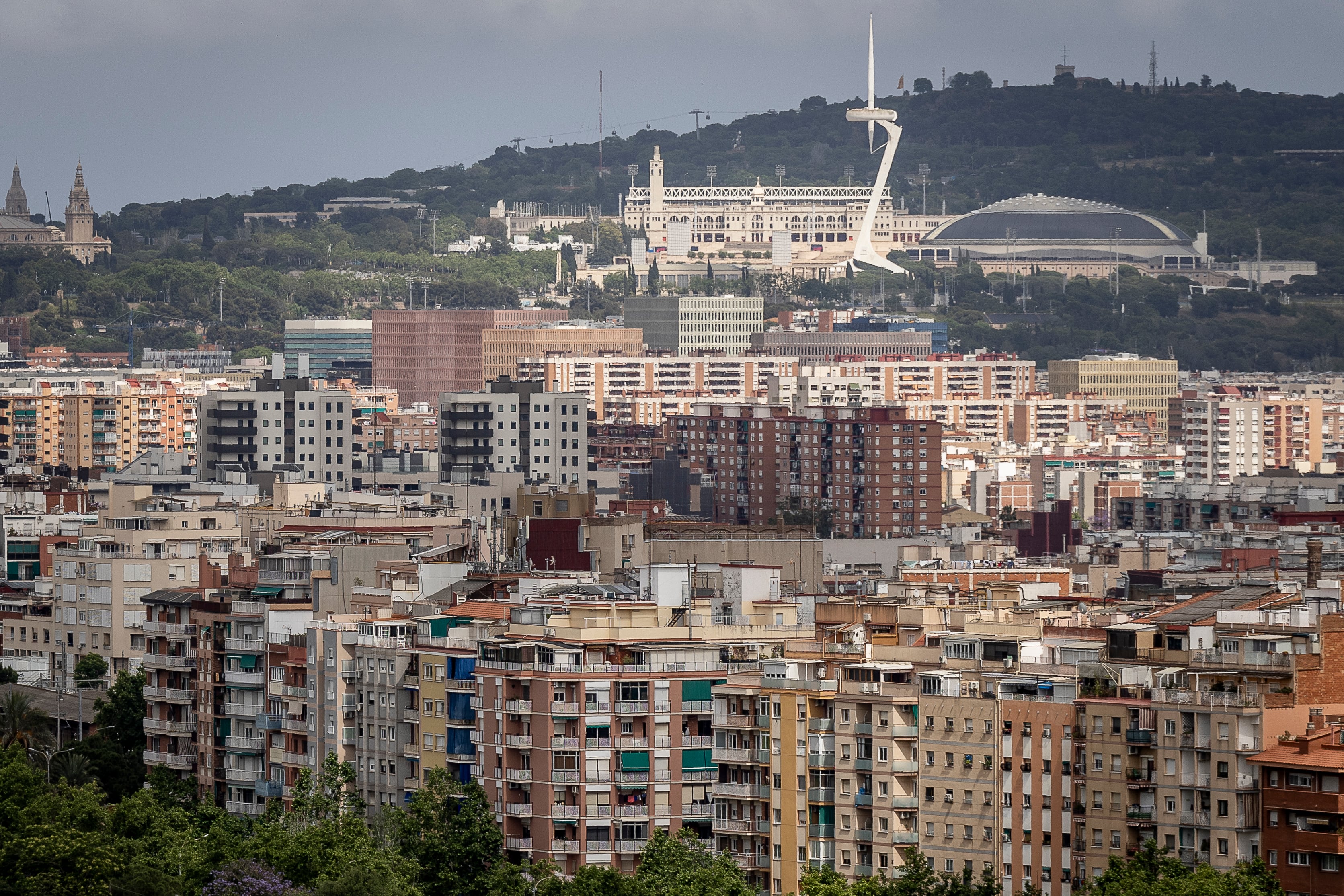 Viviendas en L'Hospitalet de Llobregat, con la montaña de Montjuïc de Barcelona al fondo.