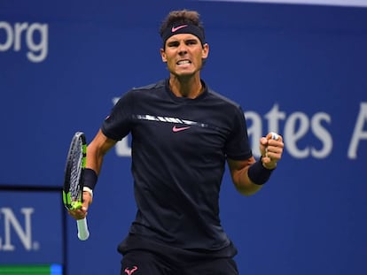 Rafael Nadal celebra un punto en el Arthur Ashe.