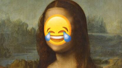 'Mona Lisa', também conhecida como 'La Gioconda’, um dos sorrisos mais populares da arte, com um emoji sobre seu rosto.